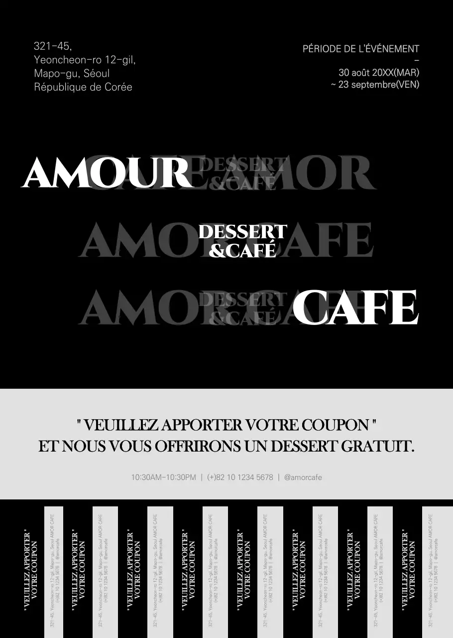 Style typographique simple en noir et blanc pour les annonces et les promotions d'événements dans les cafés.