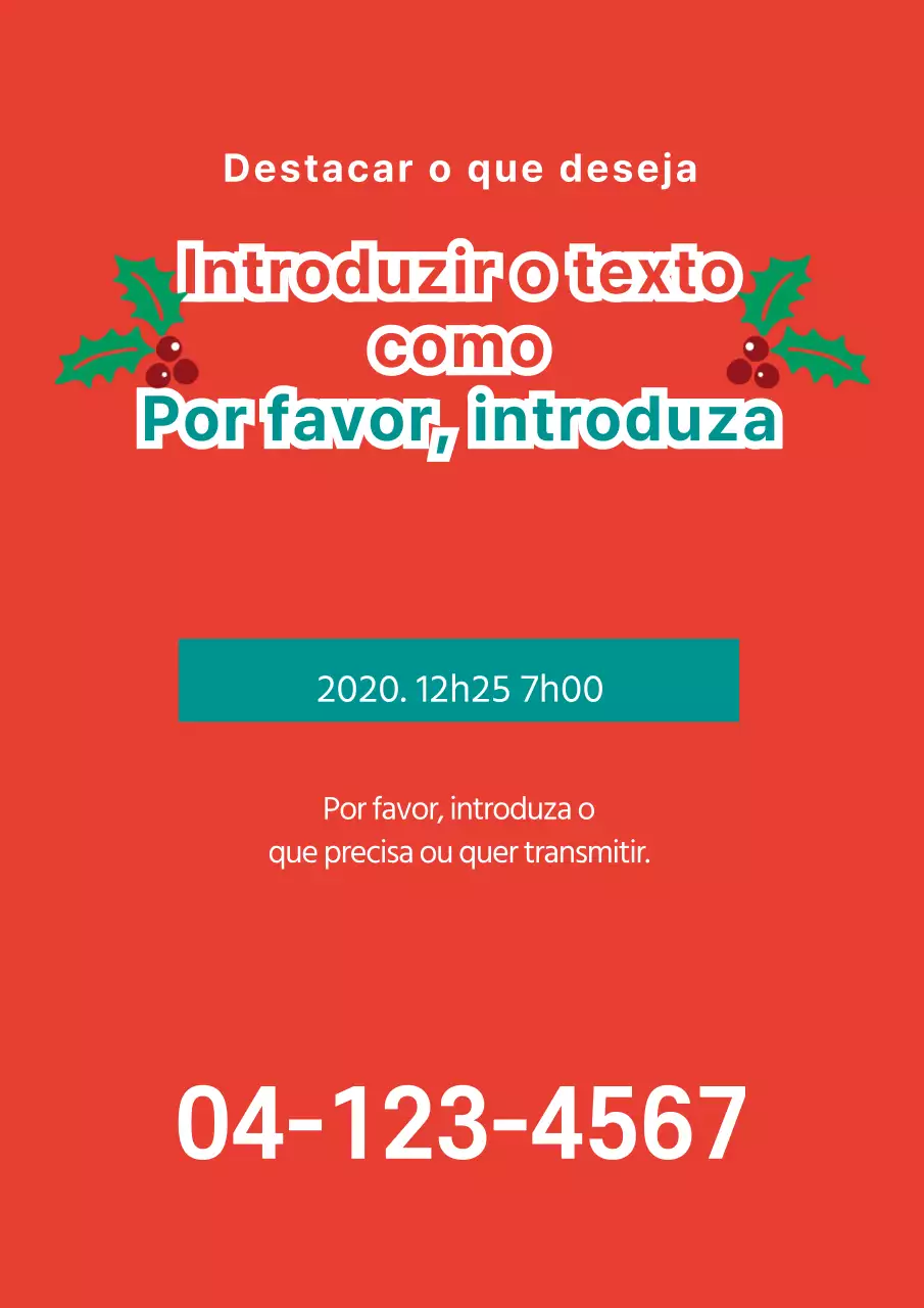 Promoção de evento com muito texto e ilustração de um ornamento de Natal vermelho e turquesa