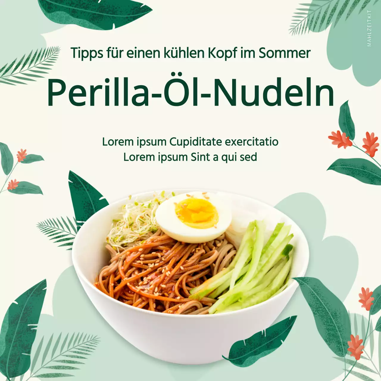 Illustration eines grünen Blattes, das für eine Mahlzeit mit klebrigen Nudeln mit Perillaöl wirbt