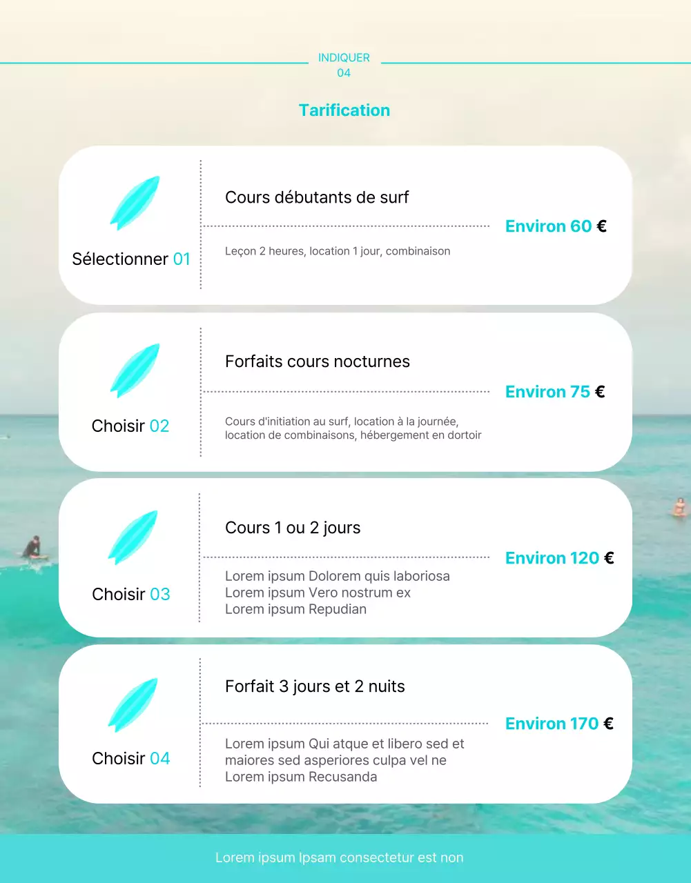 Page d'information sur le surf, rafraîchissante et de couleur menthe
