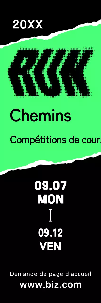Une bannière promotionnelle audacieuse pour le marathon, avec un texte et des illustrations vertes, noires et blanches sur la course.
