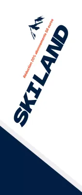 Matériel de ski bleu marine foncé et blanc de style épuré pour annoncer et promouvoir des réductions.