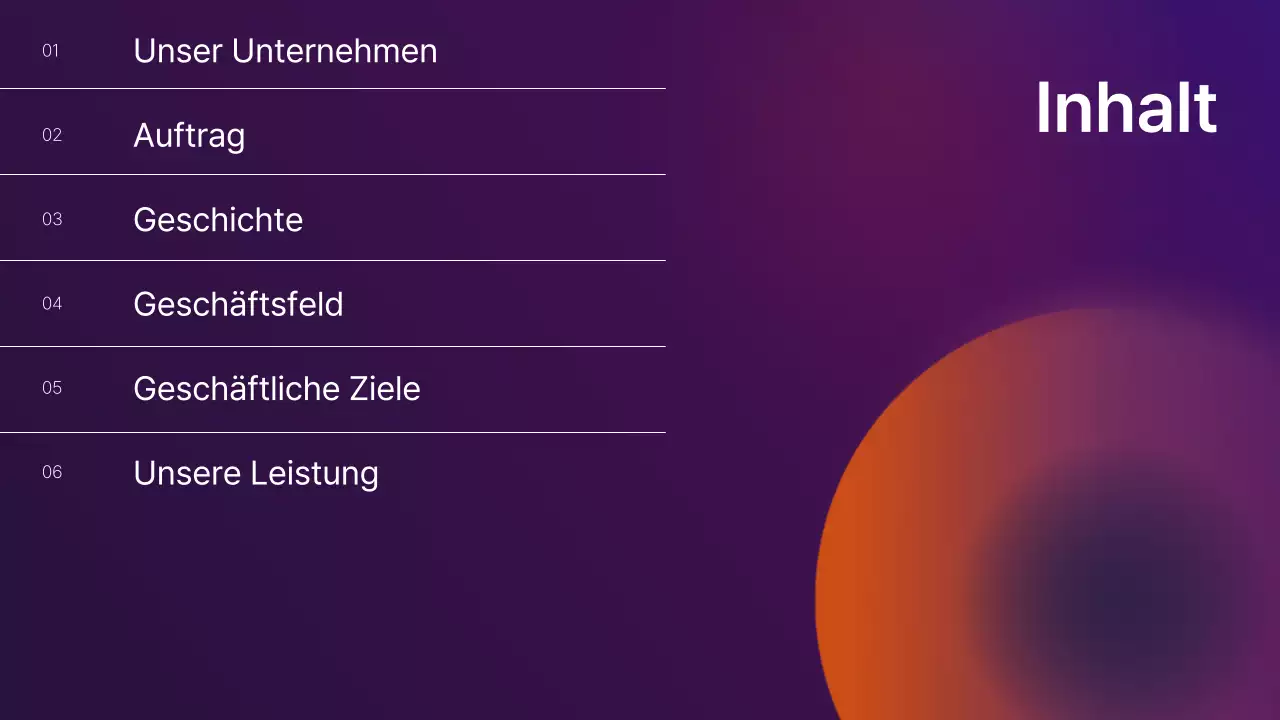 Unternehmensprofil mit lila und orangefarbenem Farbverlauf