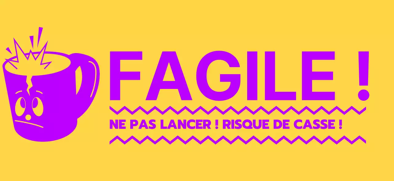 Avertissement en cas de transit avec des caractères jaunes et violets de la tasse qui se brise