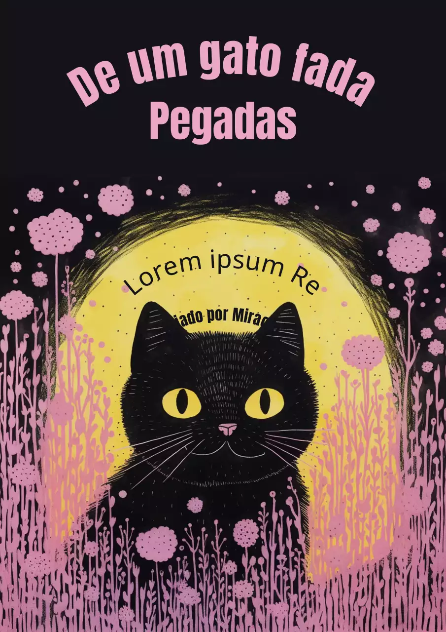 As aventuras mágicas de um gato num campo de flores cor-de-rosa sobre um fundo preto