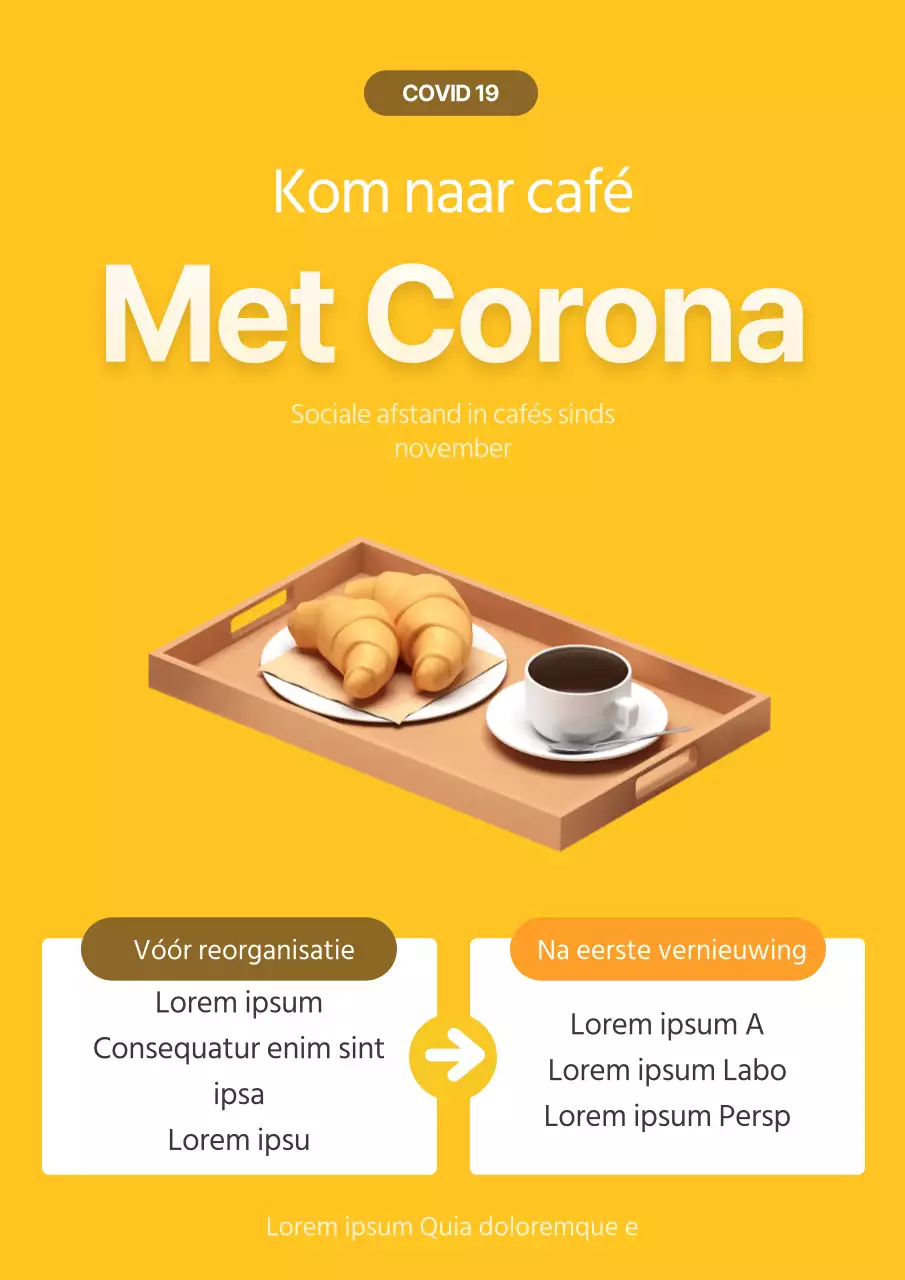 Een schattige gele 3D-illustratie van een café die een wijziging in de openingstijden aankondigt