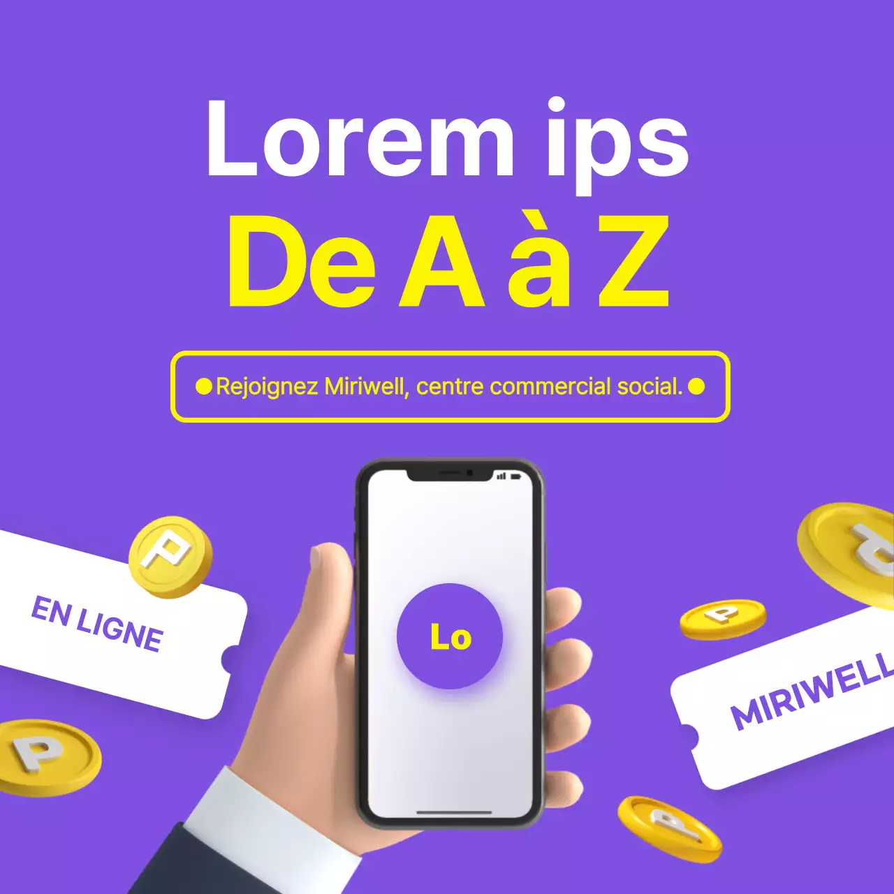 Effet de centre commercial pour le bien-être des entreprises avec un concept 3D violet-jaune CardNews