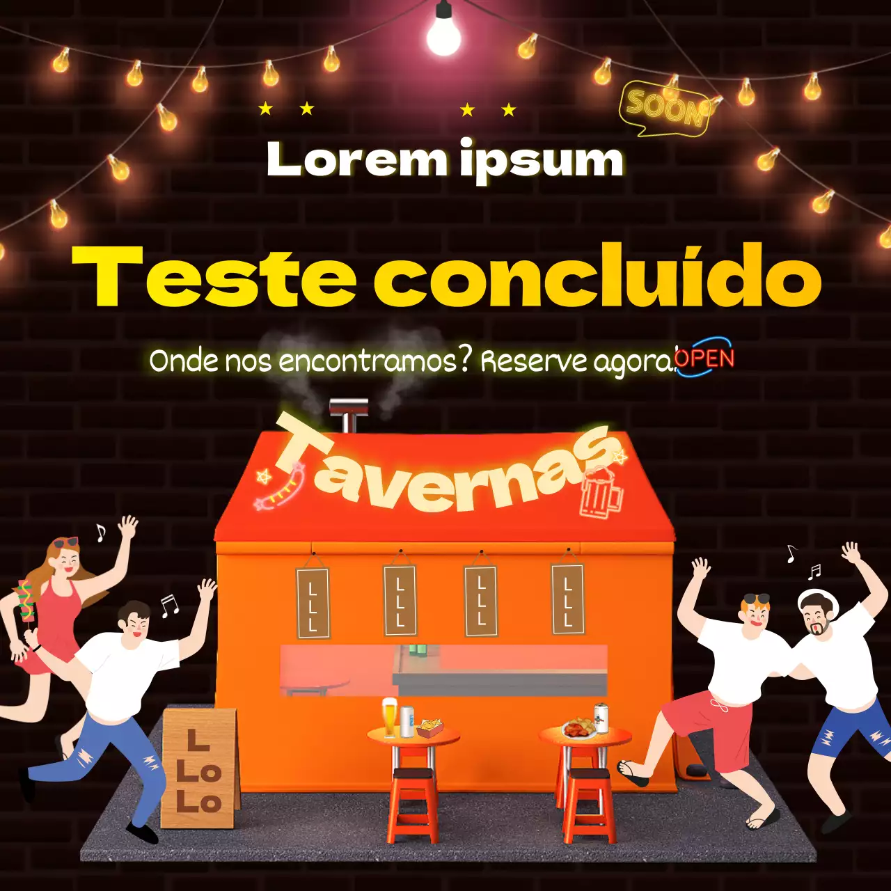 Uma taberna de tijolo preto com luzes de néon cintilantes numa base de tijolo preto Reservar redes sociais