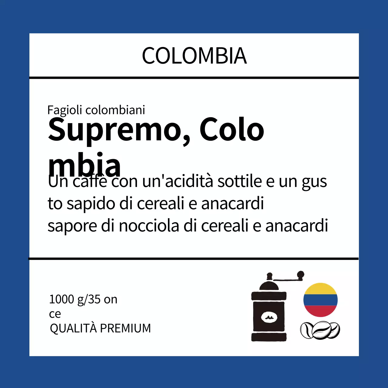 Etichetta ordinata per chicchi di caffè con illustrazione blu