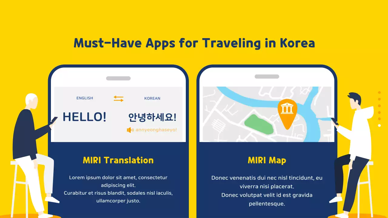 Yellow and blue illustrations highlight South Korea travel guide