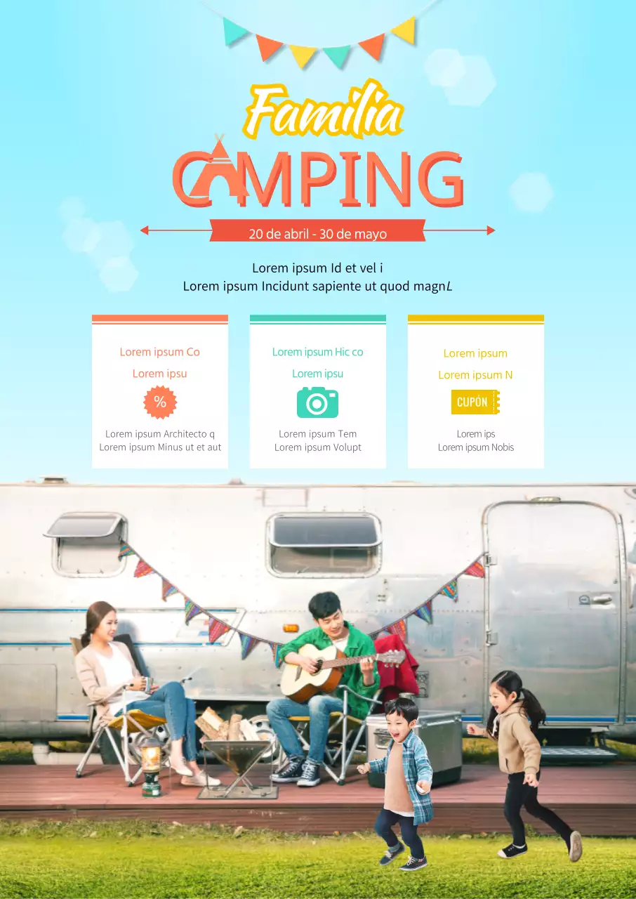 Un bonito acuerdo de camping con una foto de una familia acampando en azul claro.