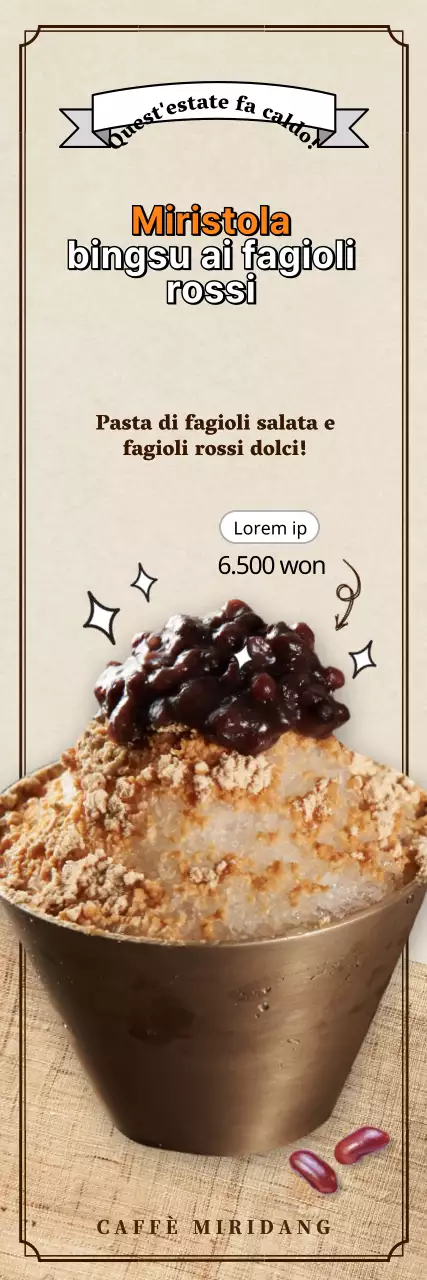 Banner del menu di un caffè con caffè freddo a base di fagioli rossi, marrone e beige lucido
