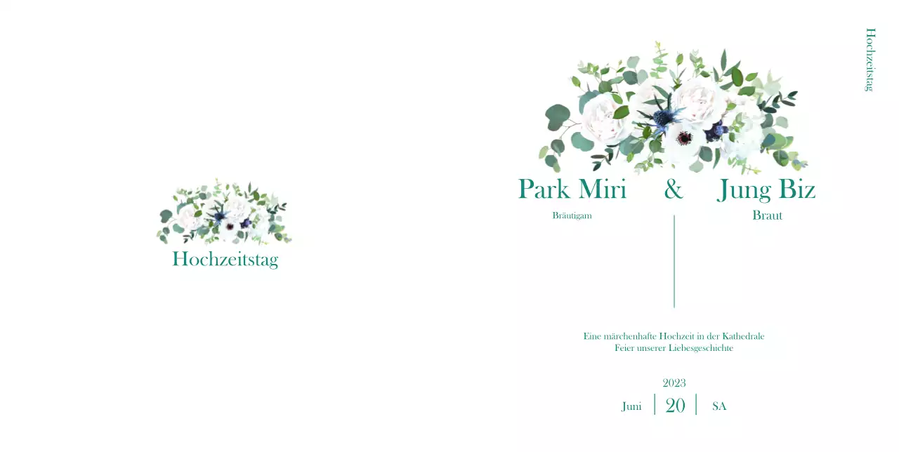 Eine schlichte Hochzeitseinladung mit einem Hauch von Grünzeug und Blumensträußen