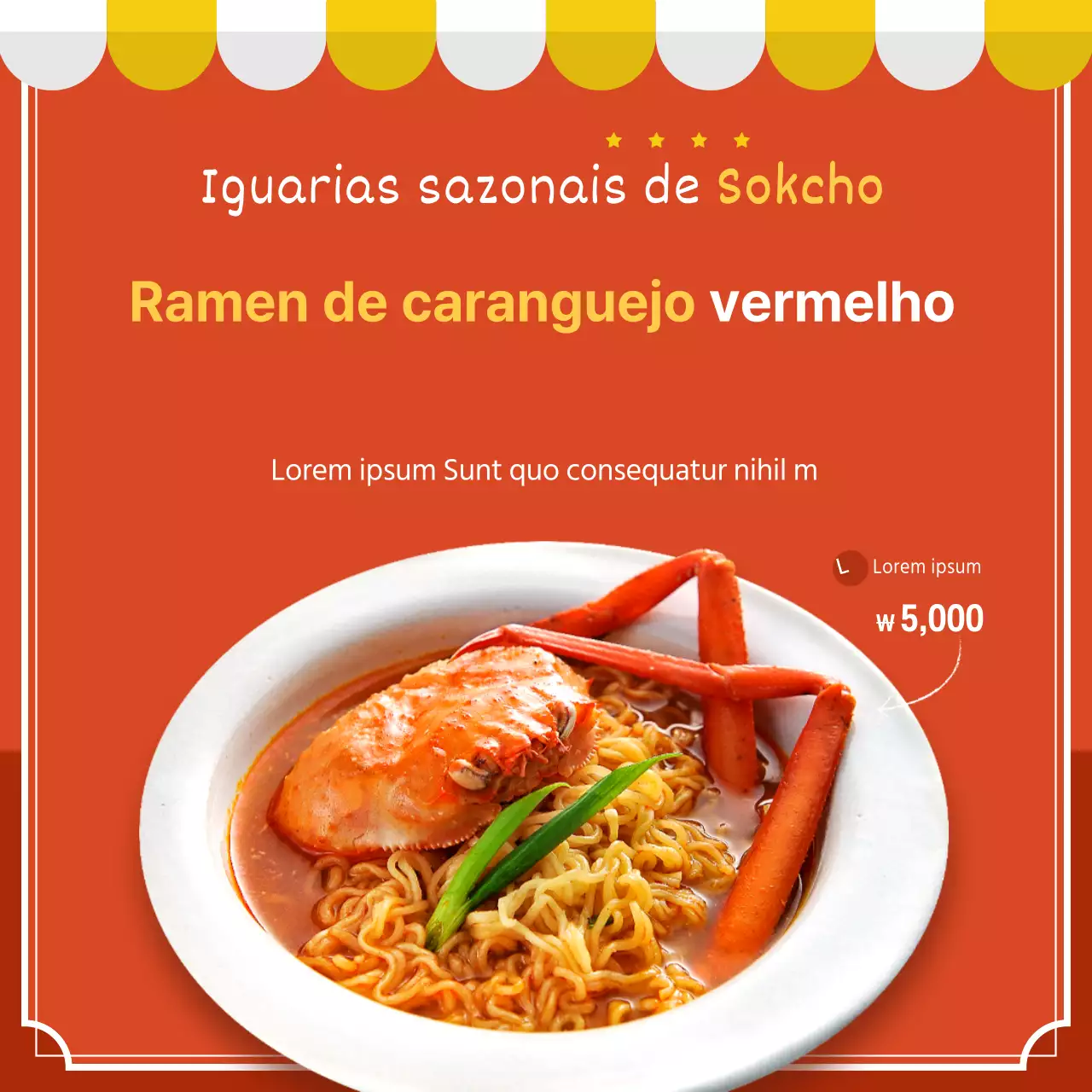 Guia alimentar de ramen de caranguejo vermelho puro laranja e amarelo