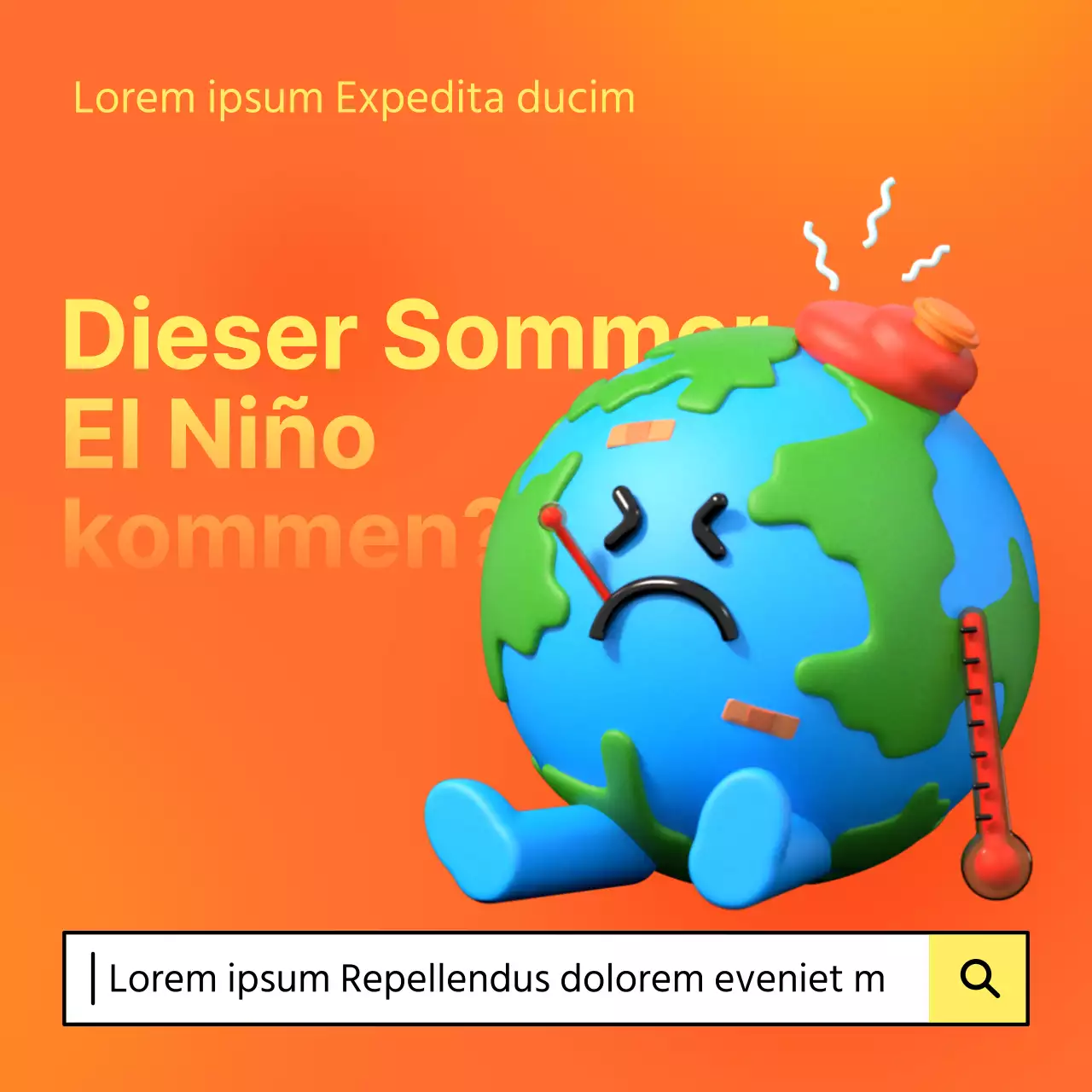 Geschichte zum Klimawandel mit orangefarbenem und gelbem Hintergrund und 3D-Illustrationen