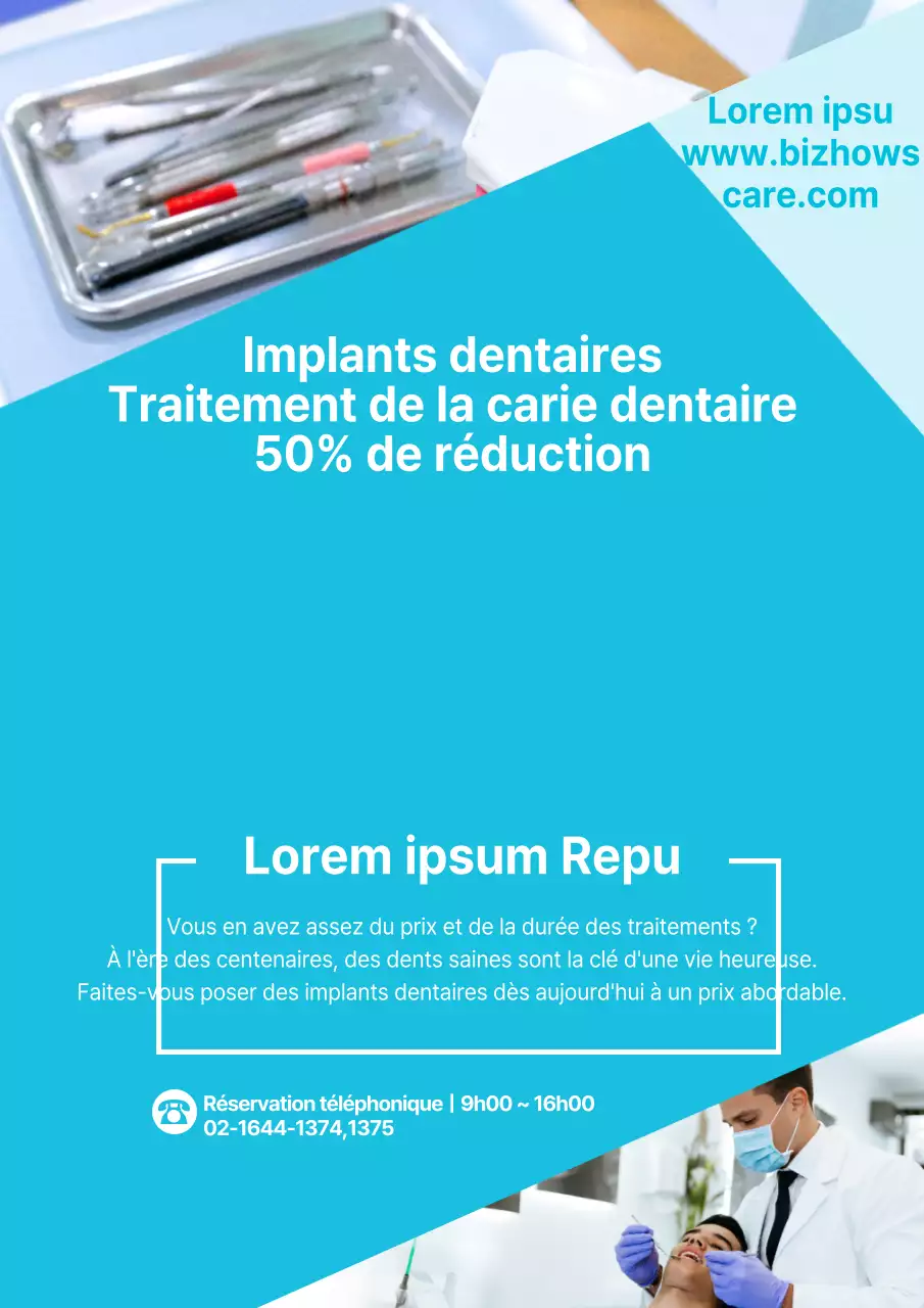 Un simple dépliant bleu clair et jaune faisant la promotion d'une procédure dentaire à prix réduit.