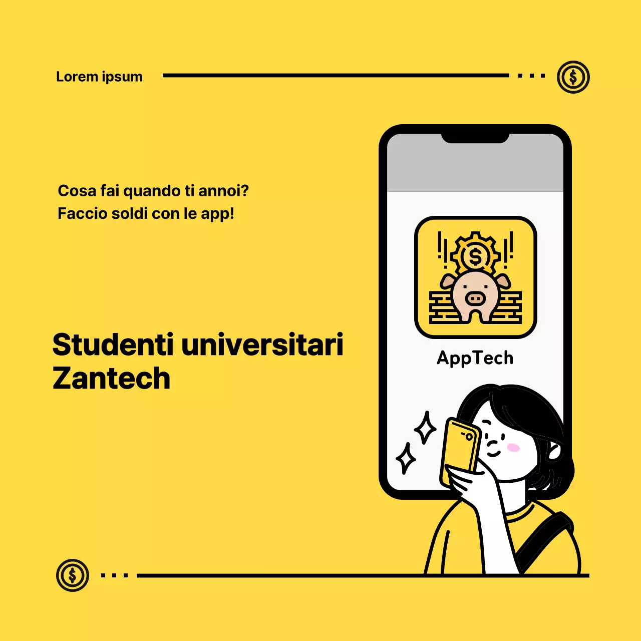 Magliette di studenti universitari con simpatiche illustrazioni gialle