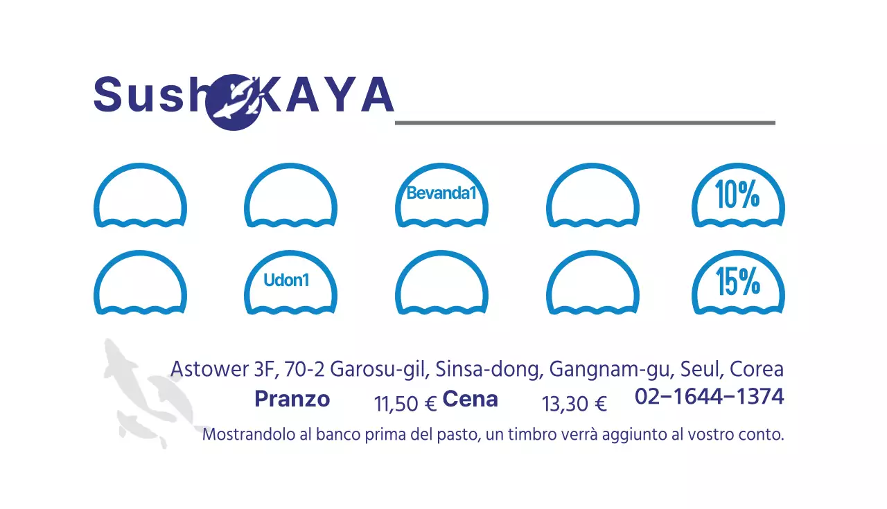 Carta da bollo per ristorante di sushi con illustrazione di pesce e mare blu