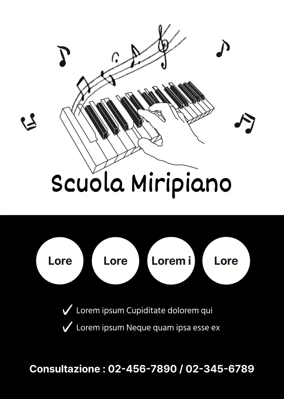 illustrazione bianco nero semplice scuola di pianoforte promozionale