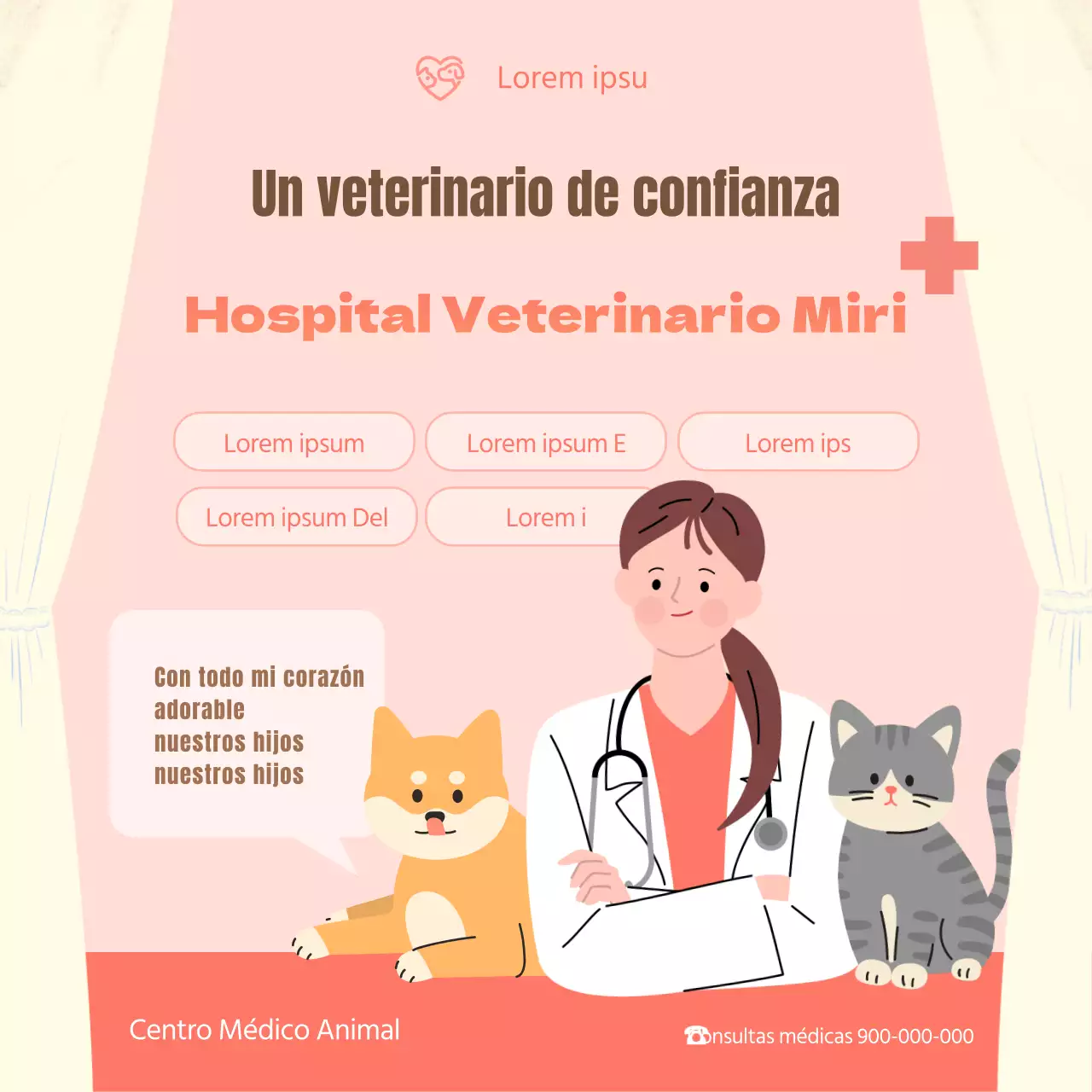 Cuadrado rosa ilustrado para las redes sociales de la clínica veterinaria Petfair