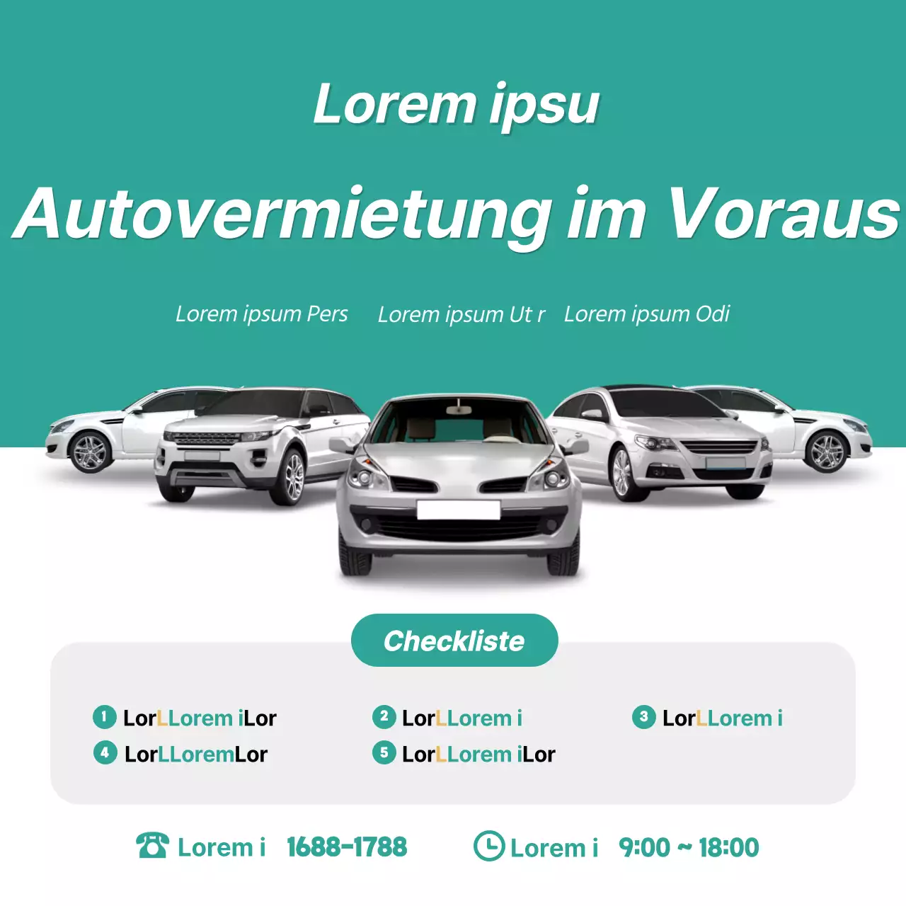 Autovermietungsaktionen und -veranstaltungen in blau-grün-weiß (Social Media Quadrate)