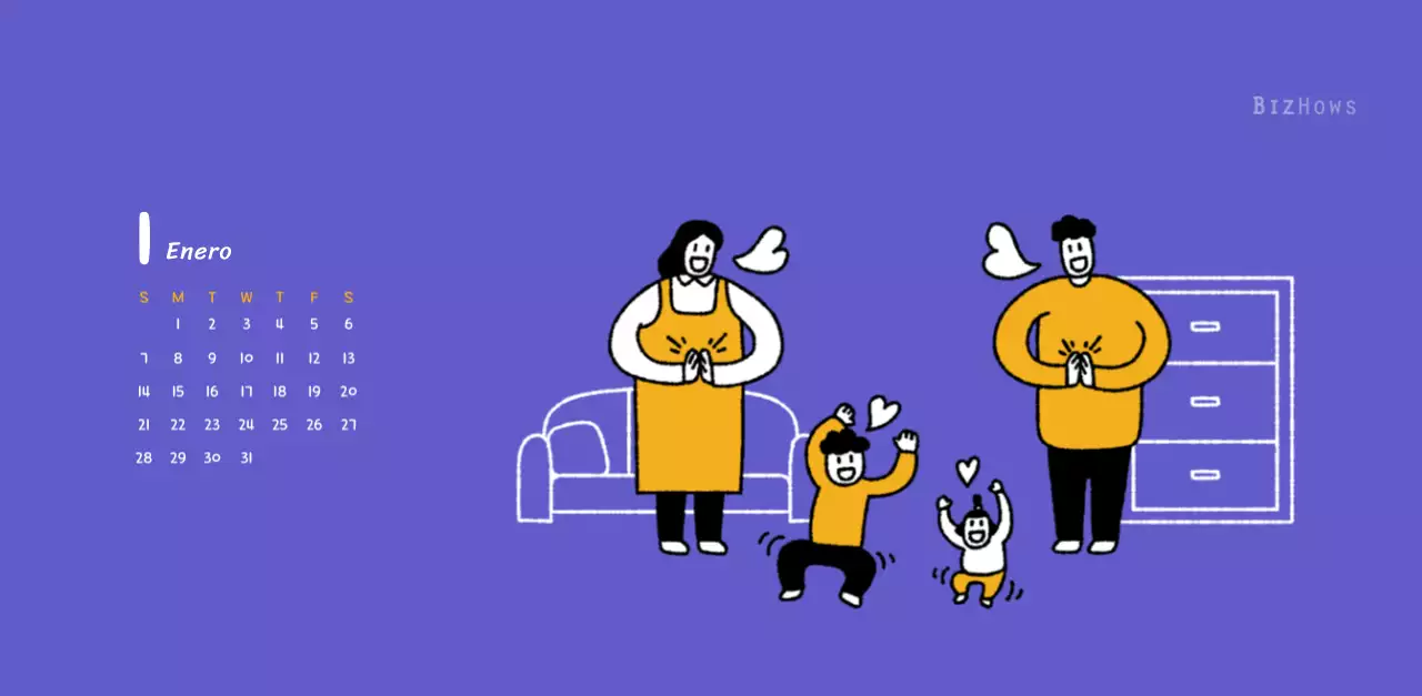 Calendario de Año Nuevo con simpáticas ilustraciones lineales