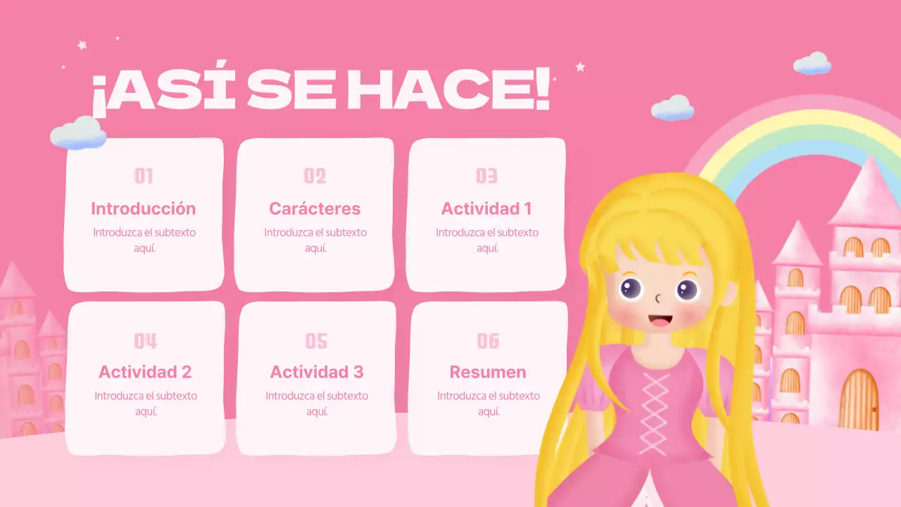 Una linda princesa rosa de cuento de hadas lección de actuación