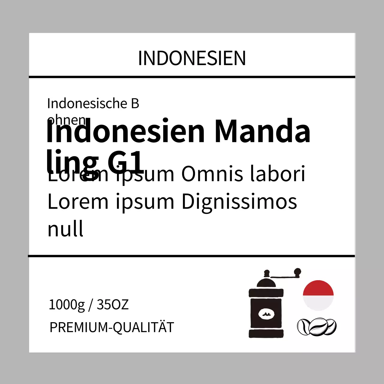 Sauberes Kaffeebohnen-Etikett mit grauer Illustration