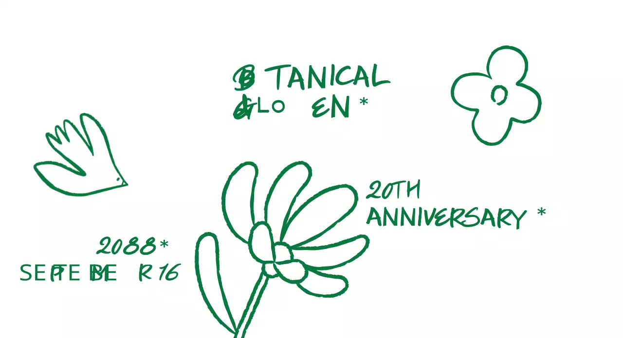 Uma celebração simples num jardim botânico, verde e desenhada à mão