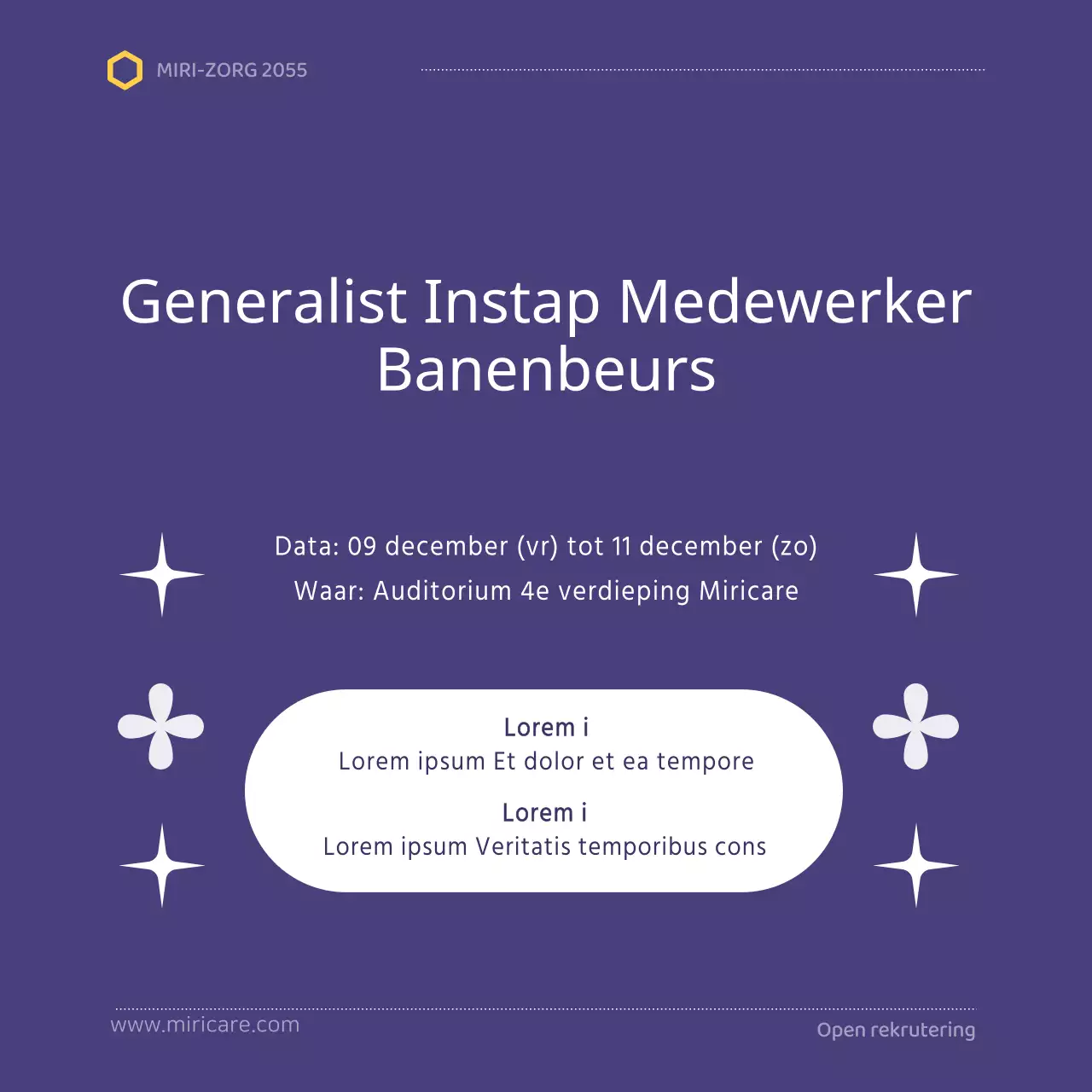 Een eenvoudige, paarse en witte wervingsaankondiging voor nieuwe werknemers