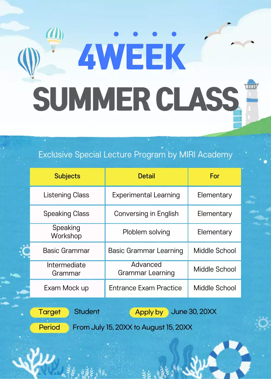 Blue Modern Summer Class Announcement Poster