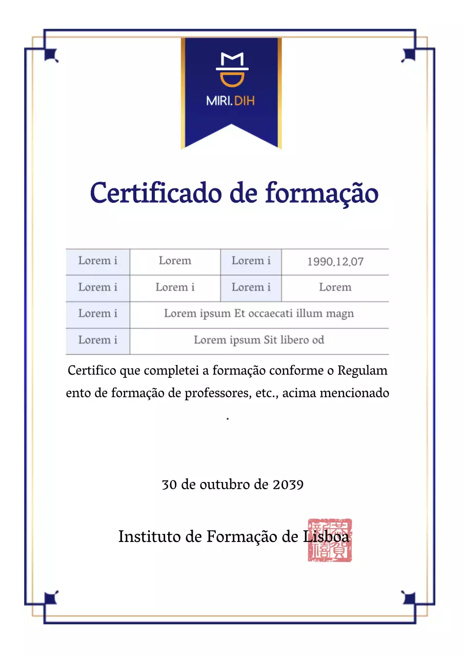 Certificado de conclusão de formação Navy & Gold Modelo de documento de certificado de conclusão de formação
