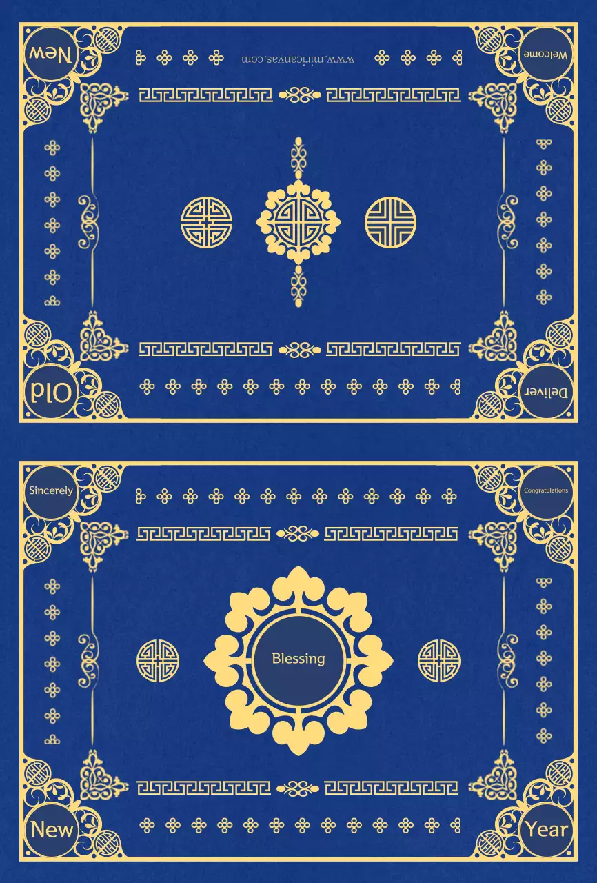 Kartu ucapan berkonsep pola tradisional Korea dengan warna biru dan kuning