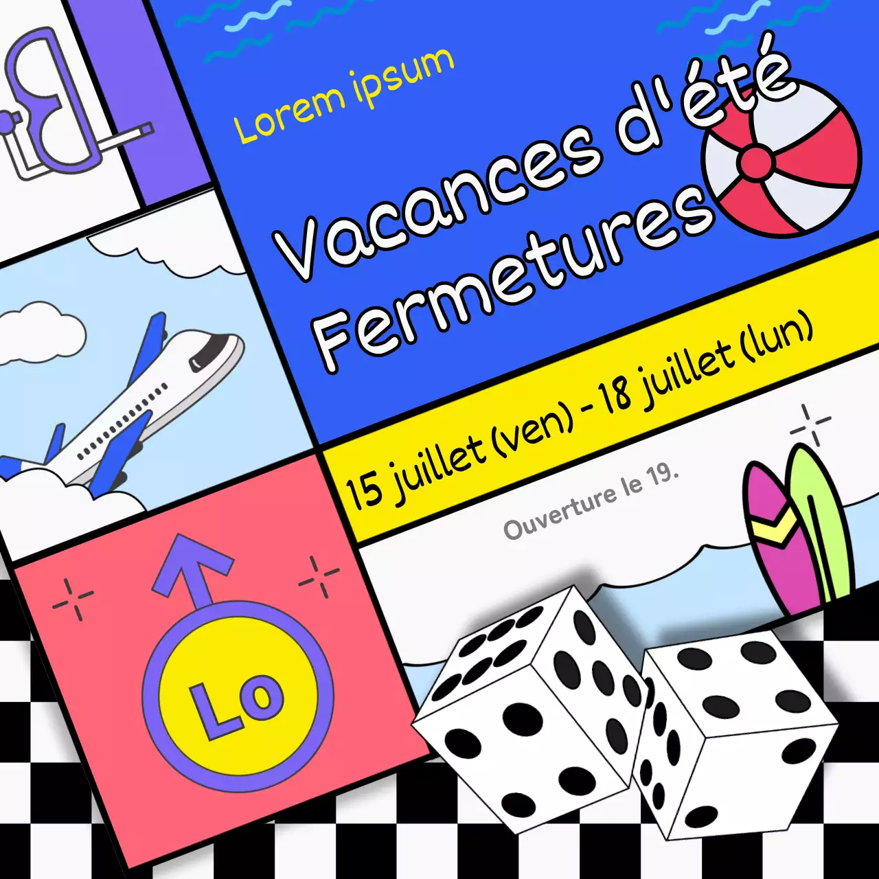 Guide des fermetures pour les vacances d'été avec des touches de noir et de bleu