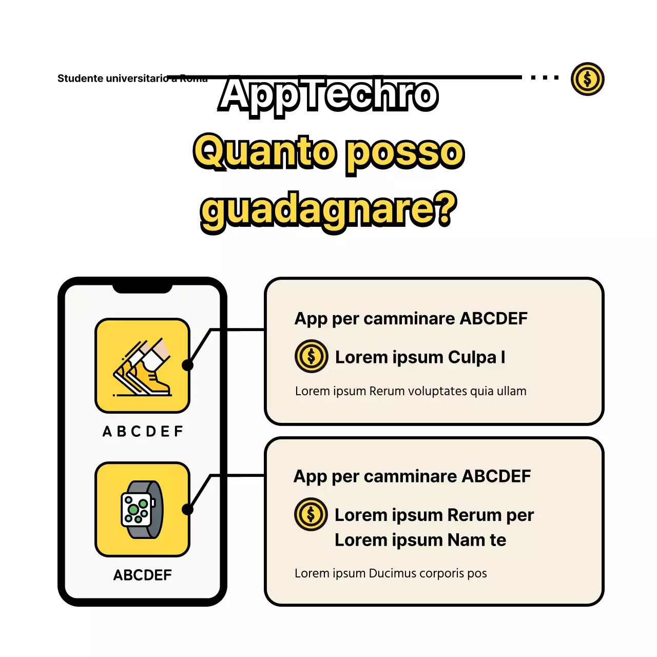 Magliette di studenti universitari con simpatiche illustrazioni gialle