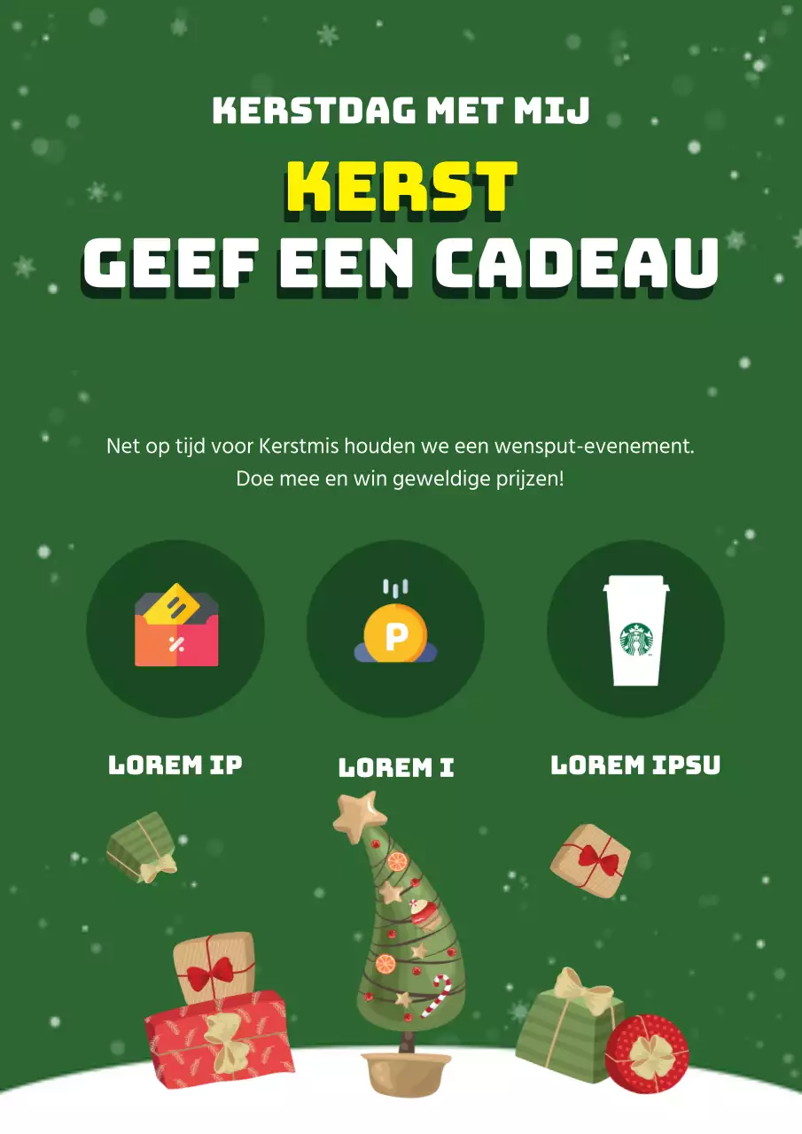 Promoot een evenement met een groen kerstcadeau en boomillustratie