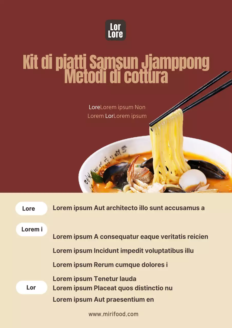 Volantino di istruzioni per un semplice set da cucina per ramen rosso e beige