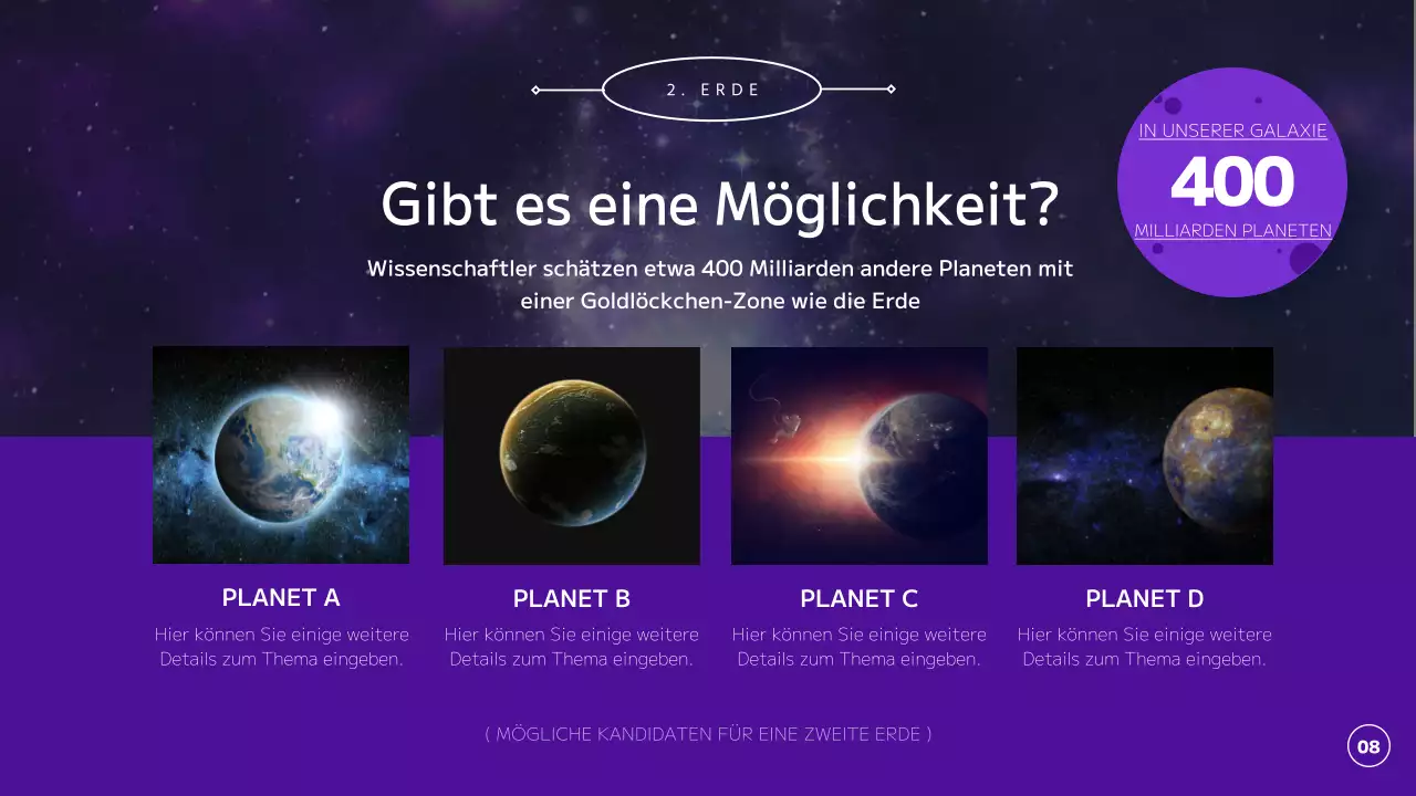 Erkundung des Universums, der Planeten und der Erde in Lila und Schwarz