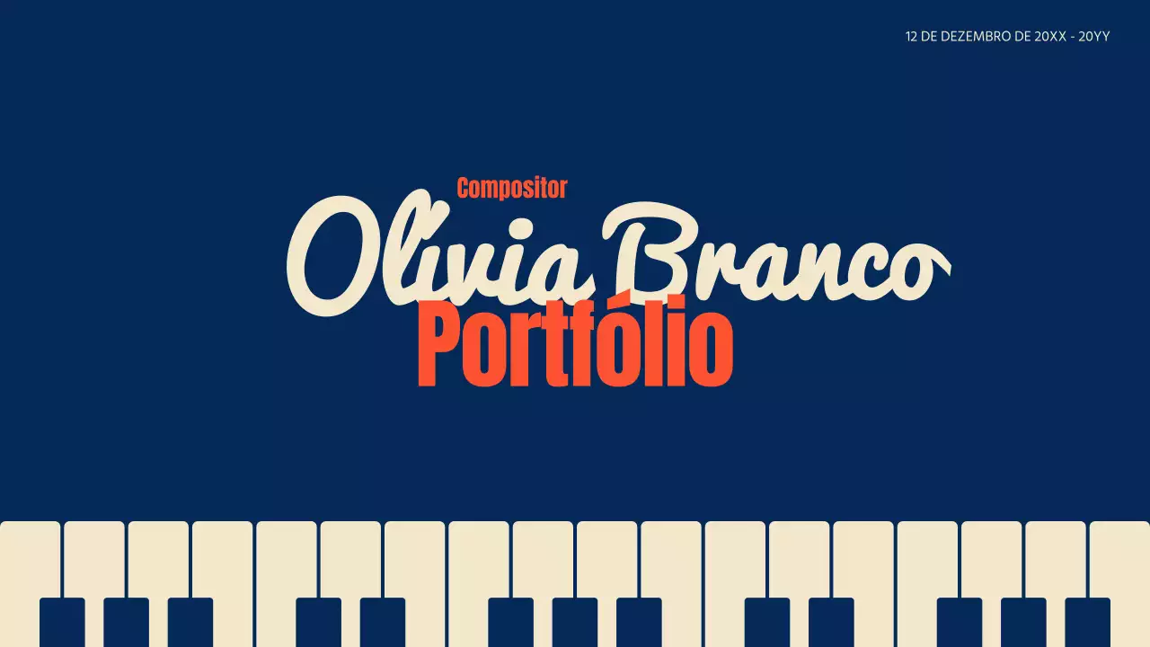 Portfolio de compositor com tema de piano em azul marinho