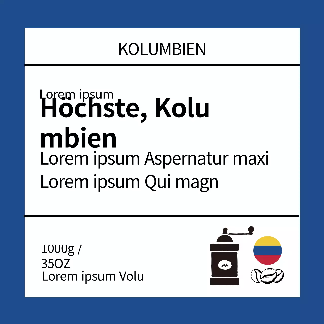 Nettes Kaffeebohnen-Etikett mit blauer Illustration