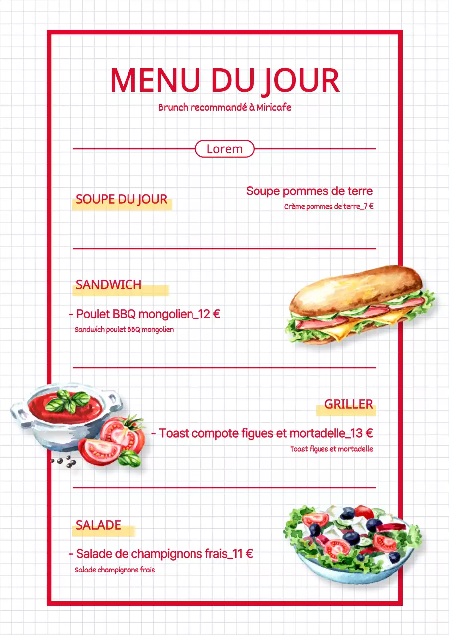 Menu illustré du brunch en rouge