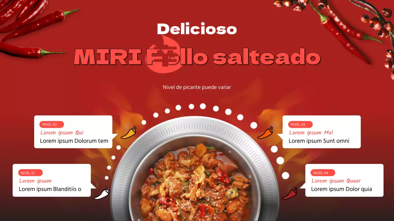 Concepto fotorrealista rojo pollo salteado con pasos picantes tema