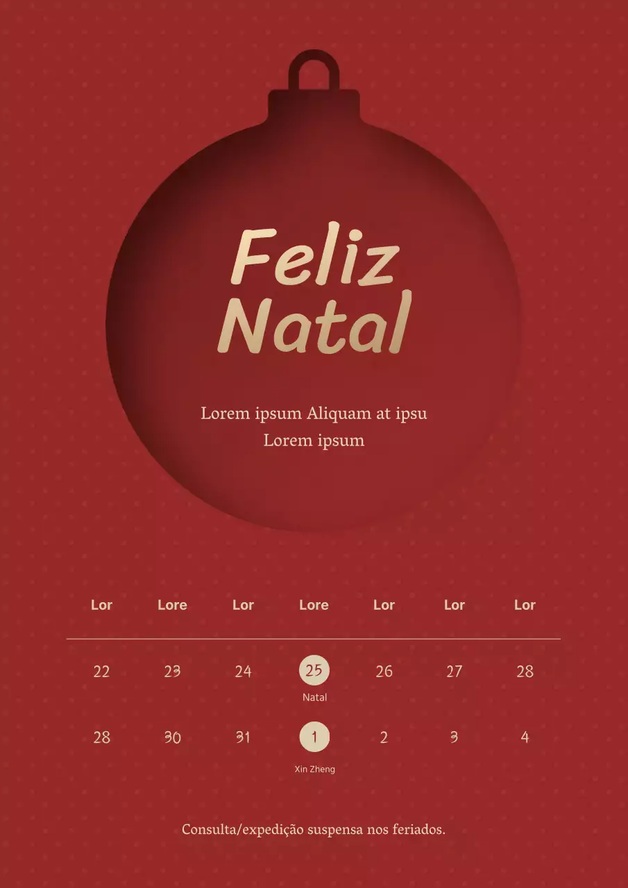 Calendário de férias simples e elegante com ilustração de ornamento de uma árvore a vermelho