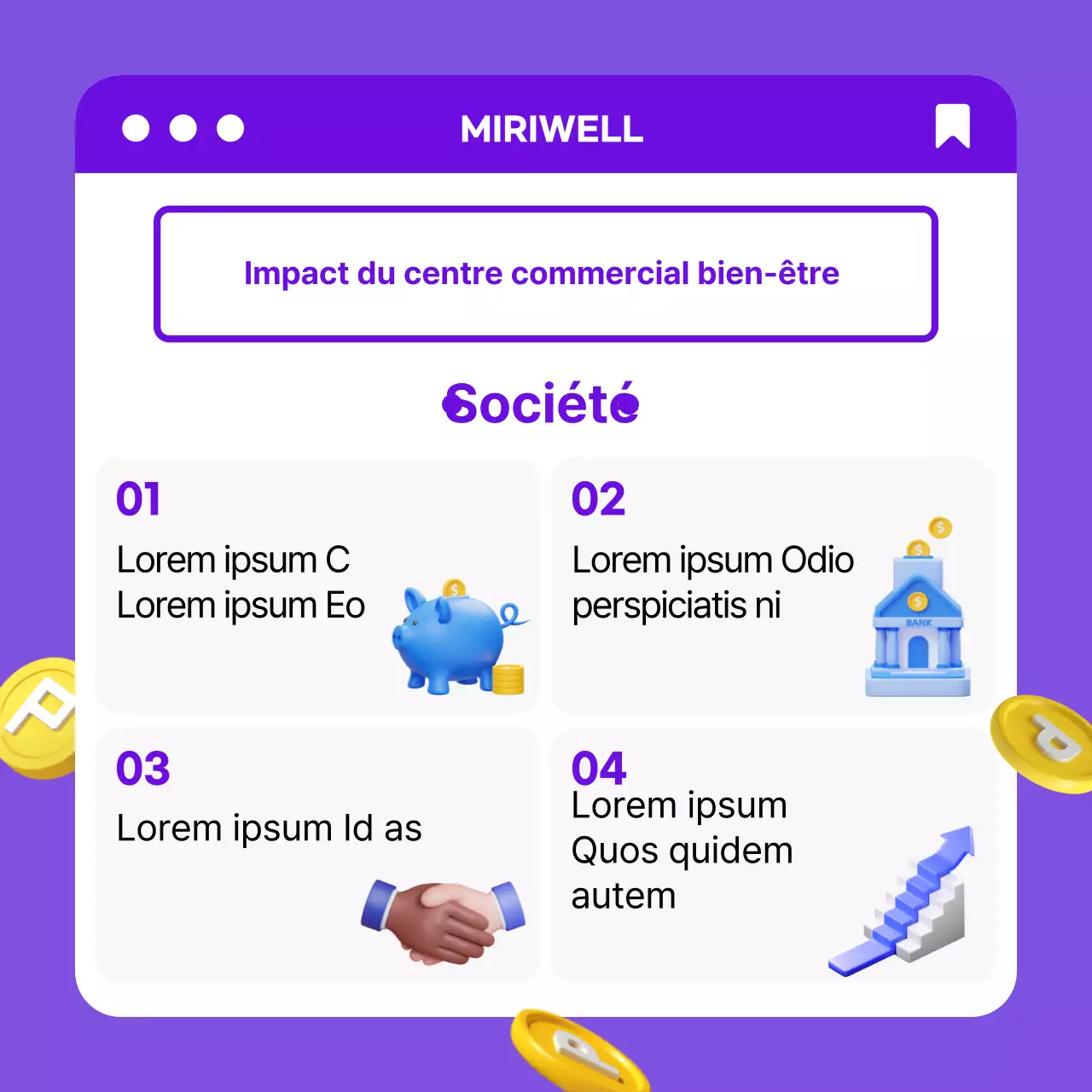 Effet de centre commercial pour le bien-être des entreprises avec un concept 3D violet-jaune CardNews