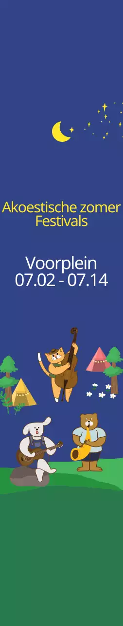 Schattige illustratiestijl in donker marineblauw en geel voor informatie en promotie van akoestische zomerfestivals