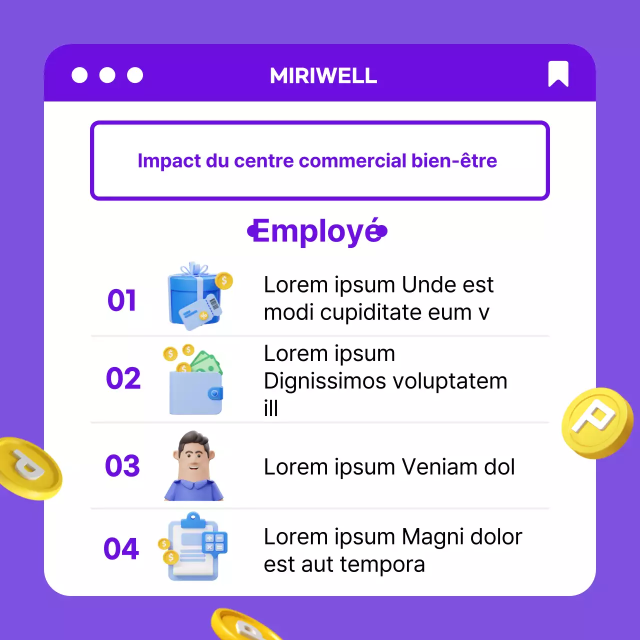 Effet de centre commercial pour le bien-être des entreprises avec un concept 3D violet-jaune CardNews