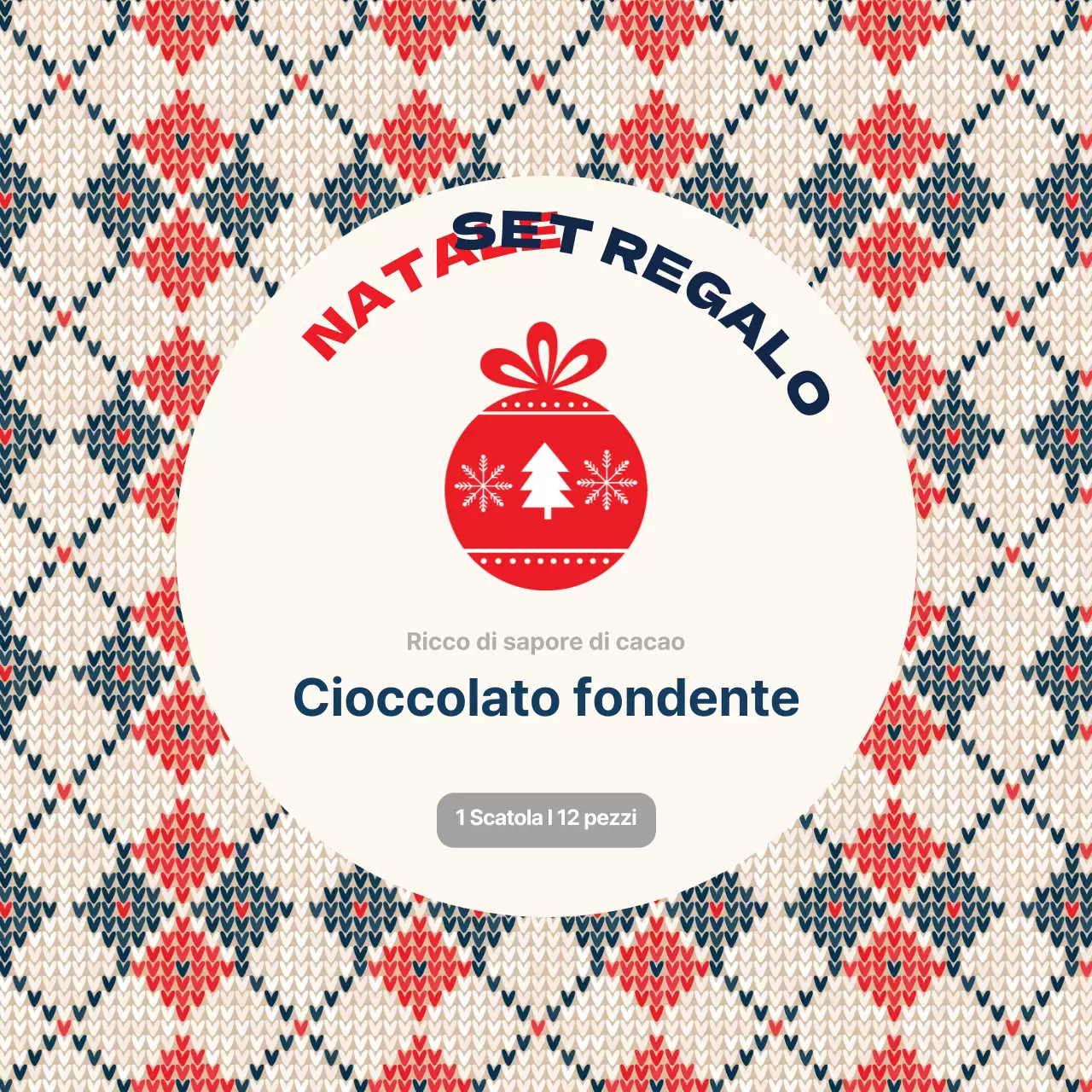 Etichetta di confezionamento natalizia per cioccolato con motivo a maglia rosso avorio e blu marino