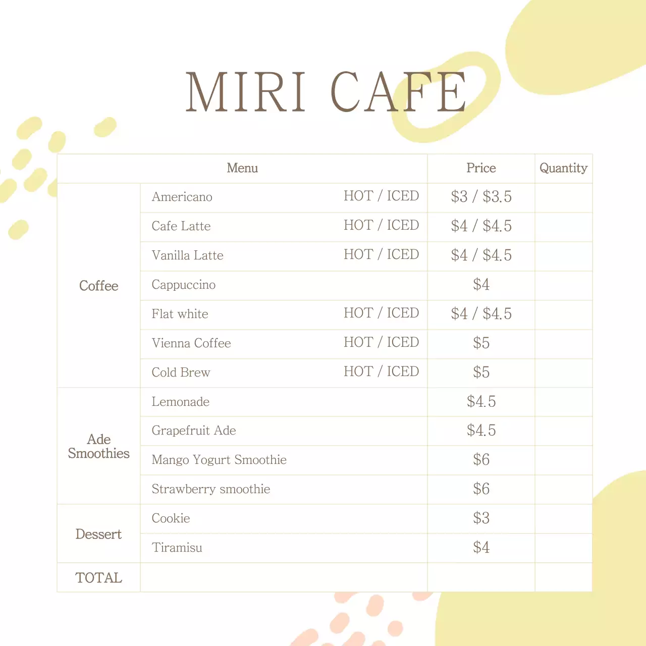 Beige Simple Cafe Menu Instagram Post