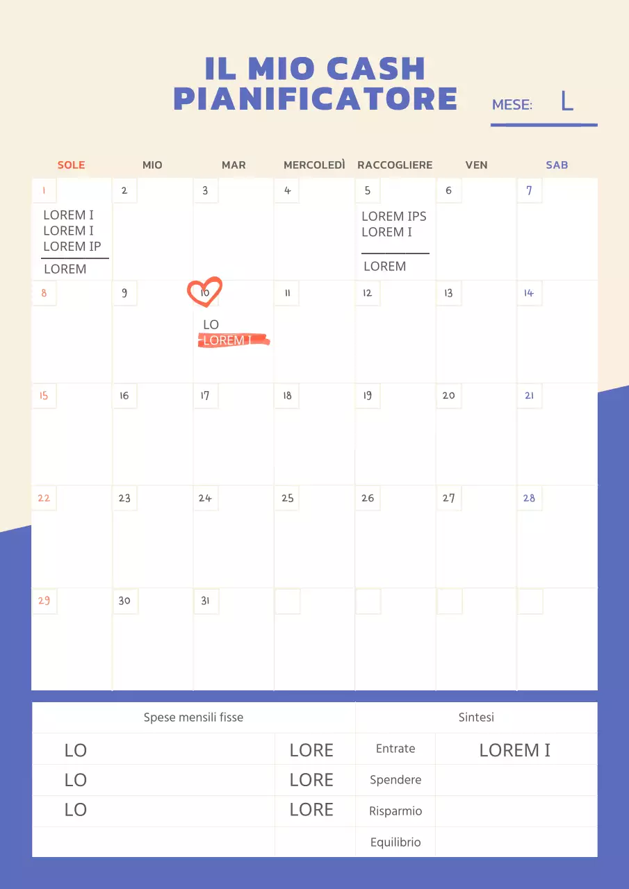 Semplice lista di spesa mensile con titoli blu e rossi