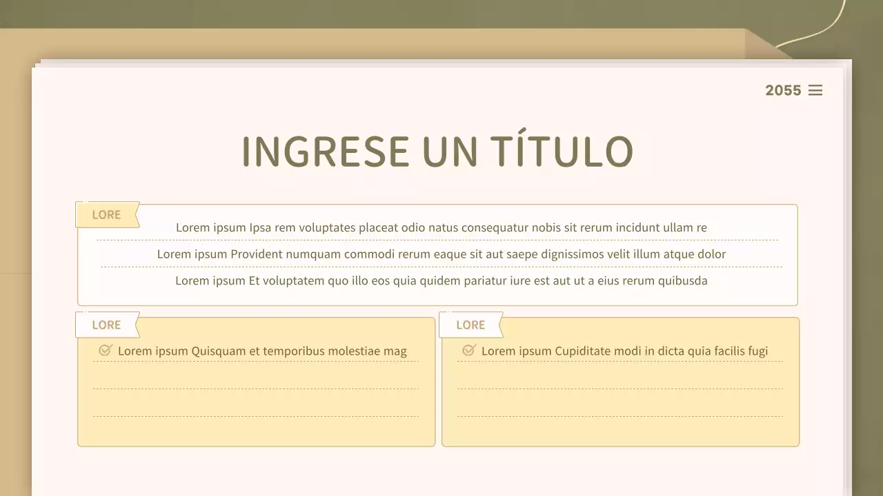 Para presentaciones con un concepto de documento limpio en tonos oliva y beige